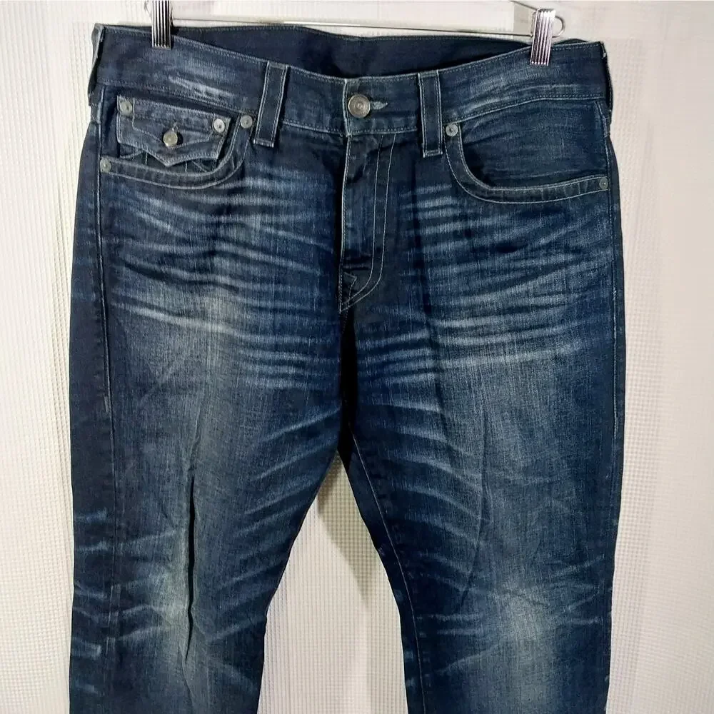 TRUE RELIGION! FAB DEEP BLUE, LOGO POCKET OMBRE FADE STRAIGHT LEG JEANS! SZ 36